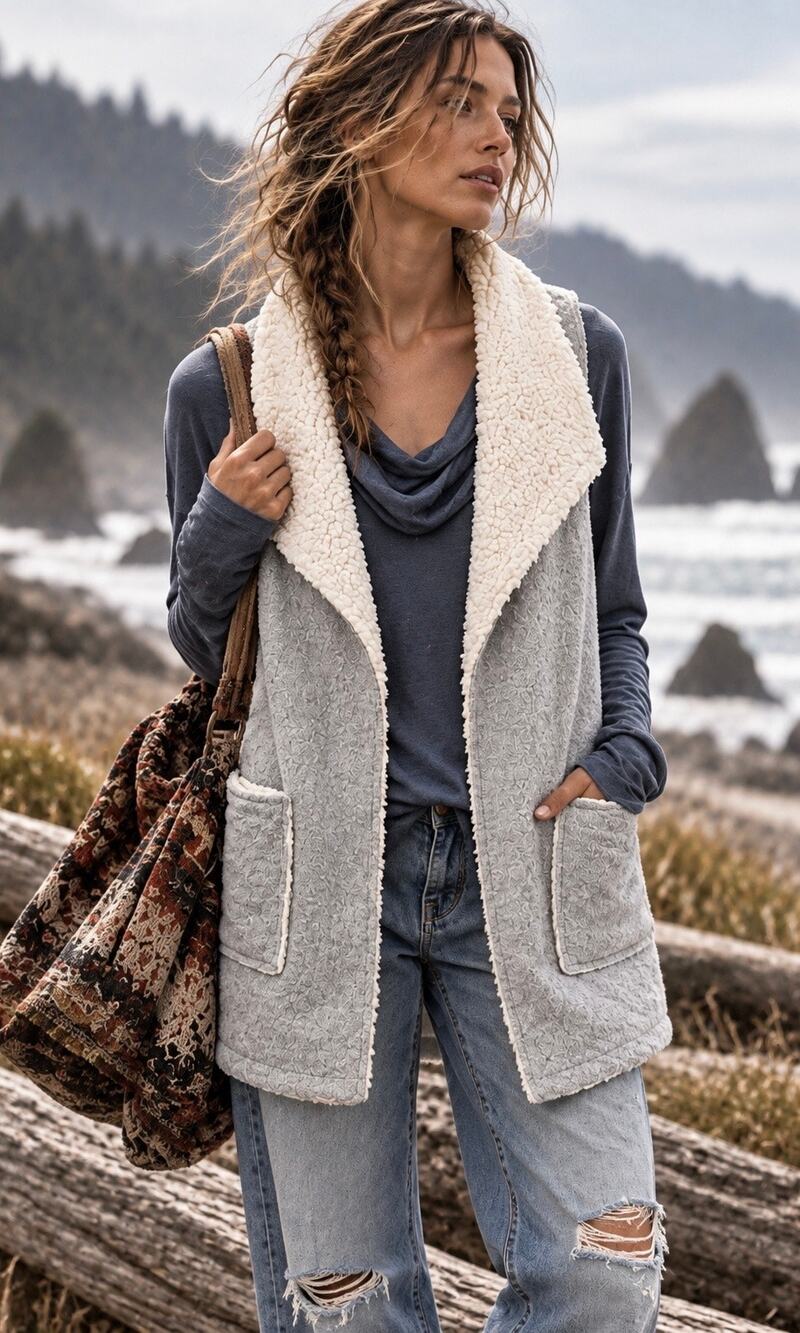 Hem and Thread Heather Grey Cozy Fleece Longline Reverse Vest Large NWOT